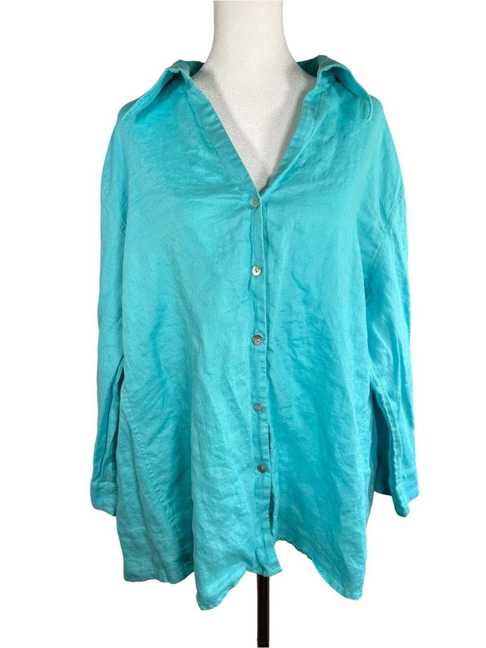 Coastal Grandma Linen Button Down Shirt Turquoise Plus Size David N Woman 3X